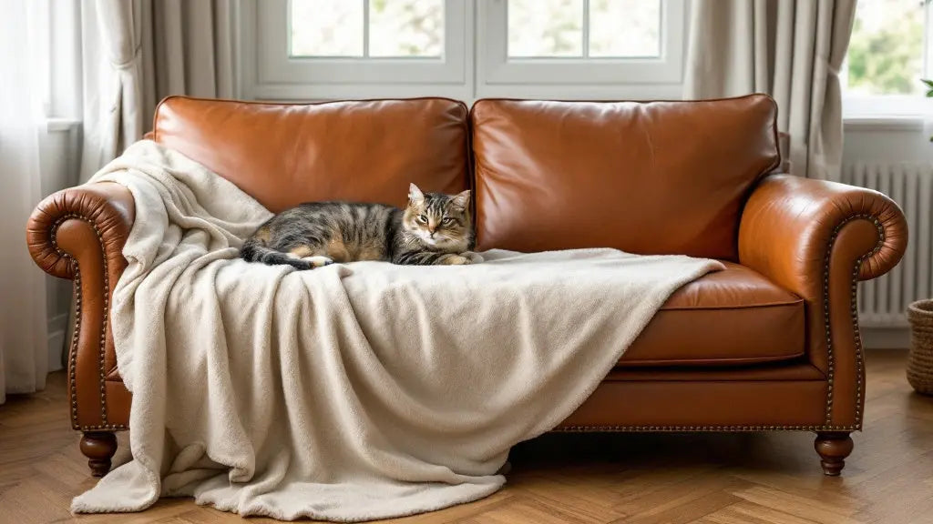 Canapé en cuir et chat : plaid crème posé sur l'assise d'un canapé cognac avec un chat tigré