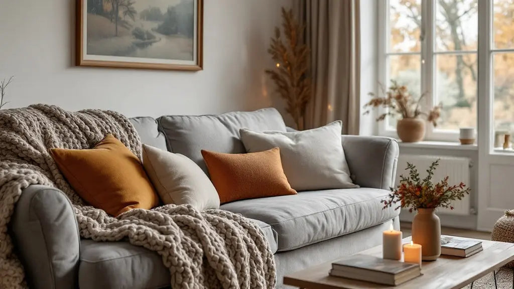 Salon cocooning aux tons chauds avec housse de canapé en velours, plaid moelleux et coussins pour l'automne-hiver