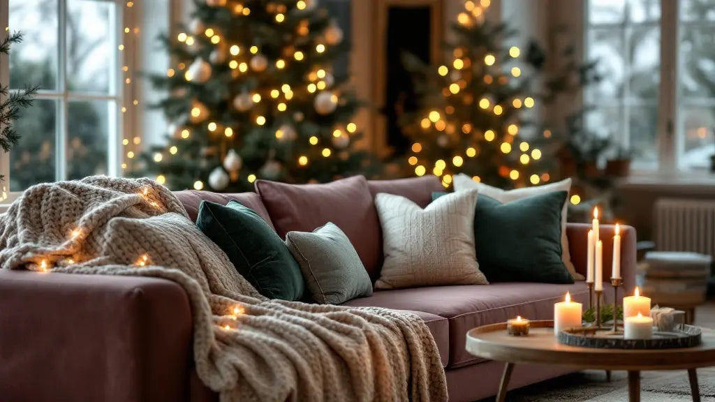 Salon décoré pour les fêtes : décorer son salon pour les fêtes avec housse de canapé bordeaux et plaid