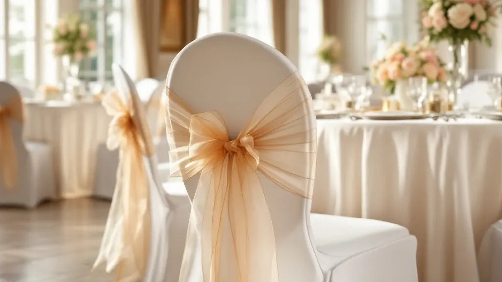 Housse de chaise mariage blanche avec noeud dans une salle de réception élégante