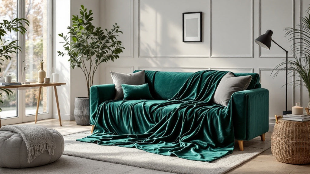Housse de canapé en velours dans un salon moderne et lumineux
