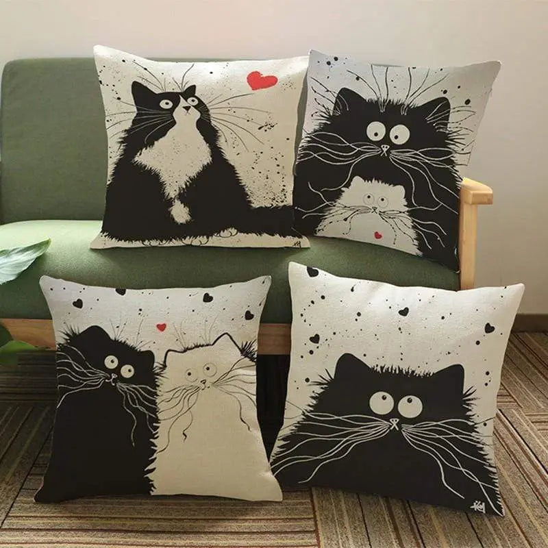 CHAT CARTOON - Housse de coussin taie d'oreiller en coton et lin - Housse De France