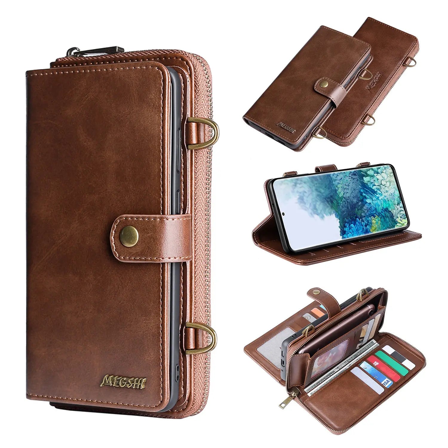 Coque de Téléphone Flip PU MEGSHI Brown-Iphone 11