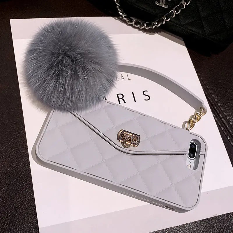 Coque de Téléphone Tendance Fluffy POMPON Grey-IPhone14Pro