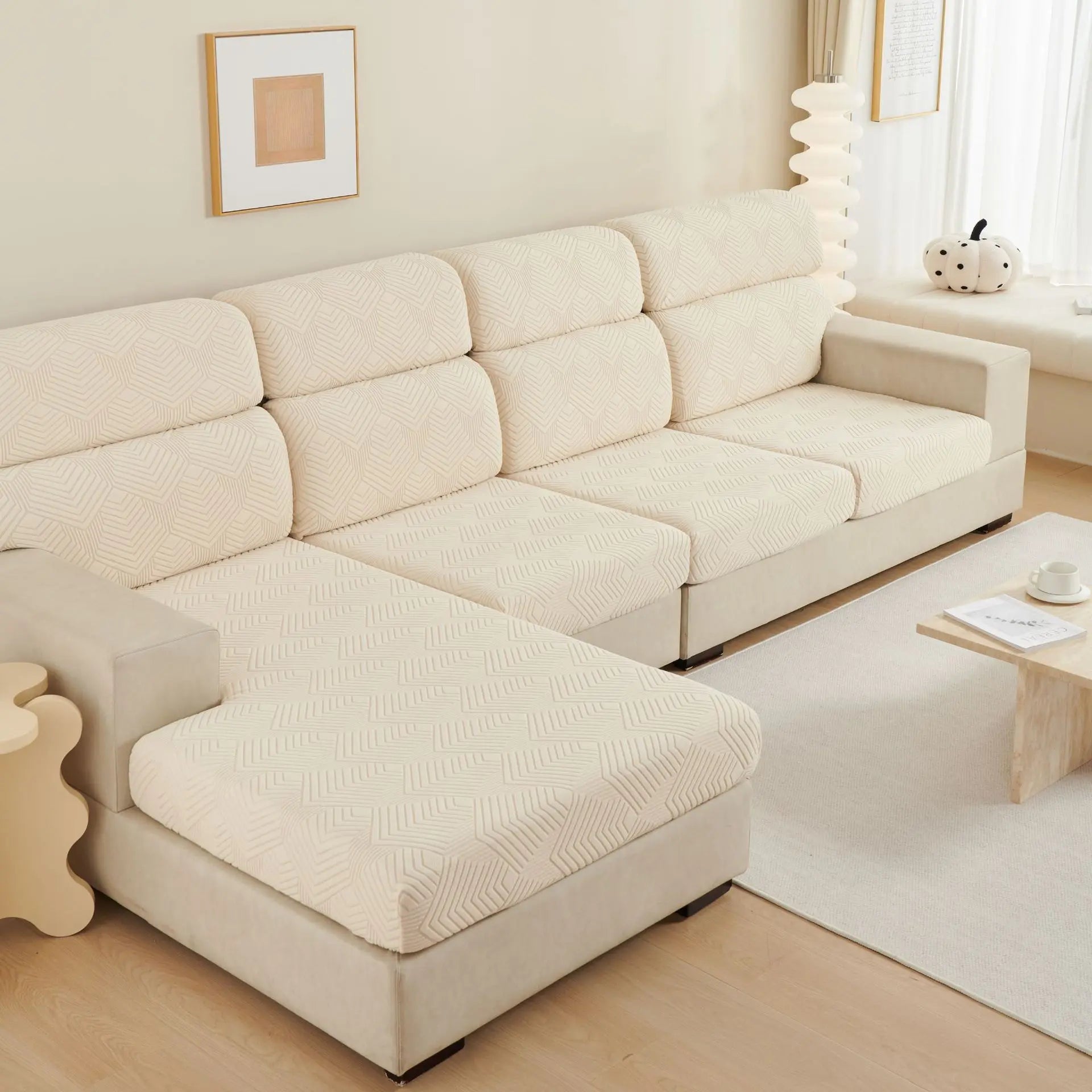 Housse Assise Canapé Velours JAZZY Time Sofa Beige-Large Double M