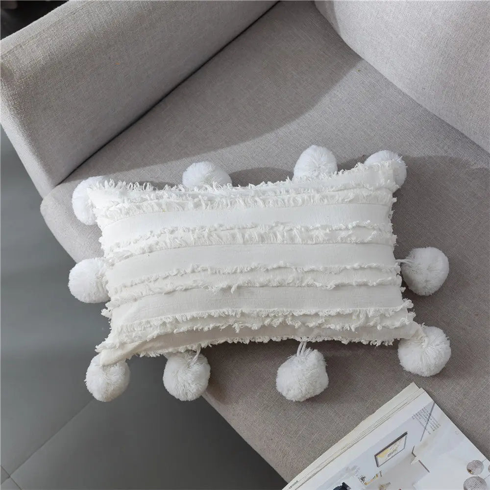 Housse de Coussin Nordic Tassel FRISO Plain White-30x50cm Without Pillow Core