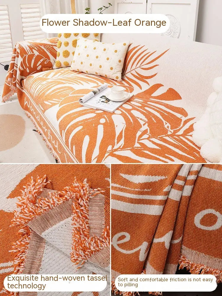 Plaid Canapé Chenille Floral **CHENOVA** Leaf Orange-180X360cm