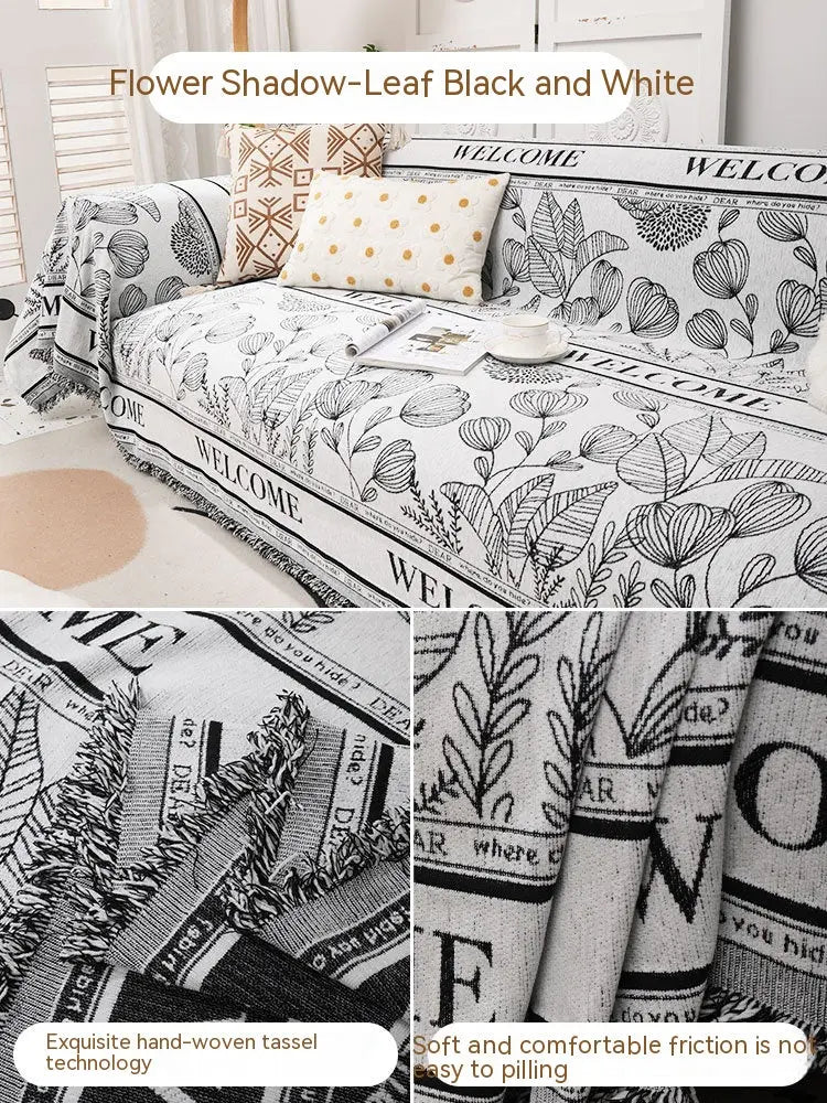 Plaid Canapé Floral Chenille BLOSSOM Leaves Black And White-180x340cm