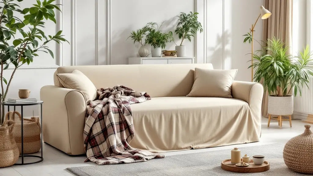 Housse de canapé convertible beige posée sur un clic clac dans un salon lumineux