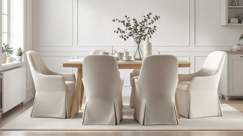 Housse de chaise scandinave beige sur chaises en bois clair dans une salle à manger lumineuse