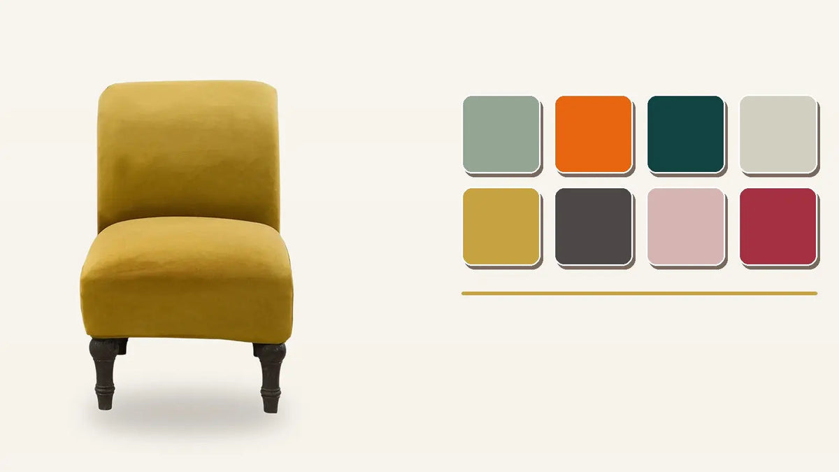 Housse de fauteuil en velours ocre moutarde et nuancier des 8 couleurs tendance 2026