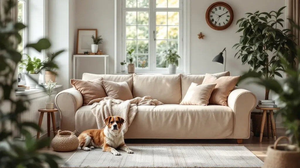 Housse de canapé imperméable protégeant un salon familial avec un chien