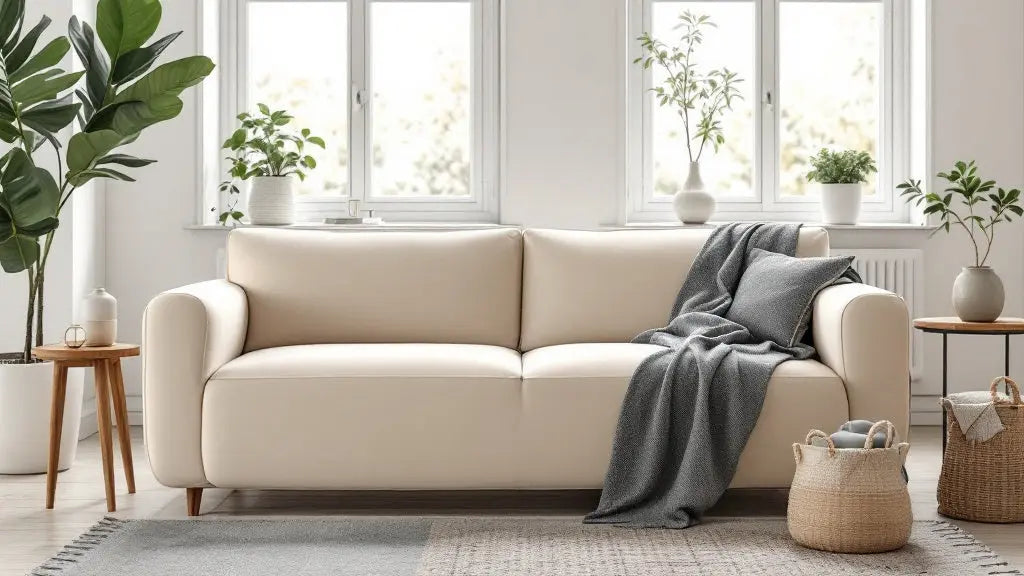Housse de canapé neutre installée sur un canapé dans un salon de location Airbnb lumineux