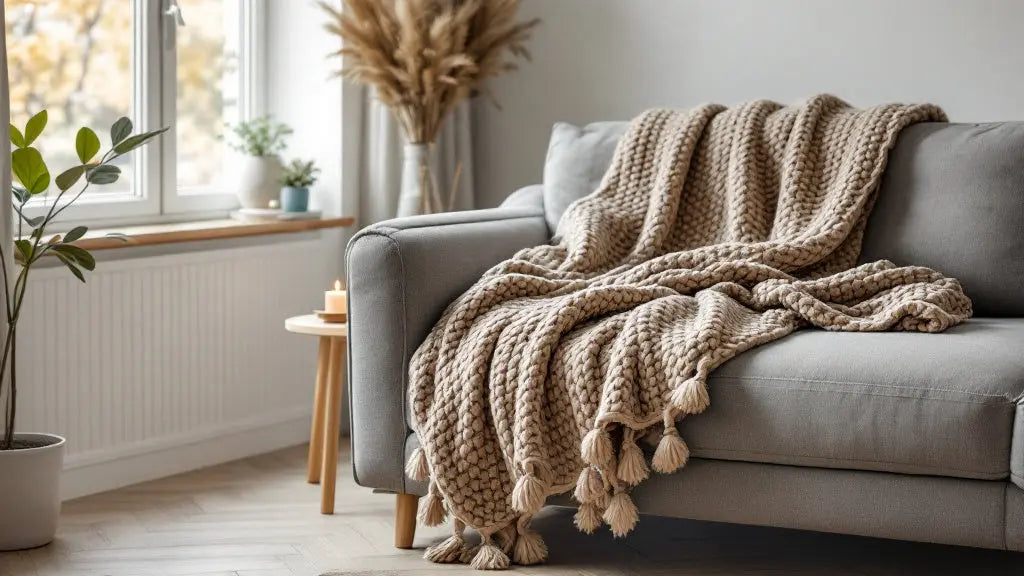 Plaid canapé chenille beige dans un salon cocooning d'automne