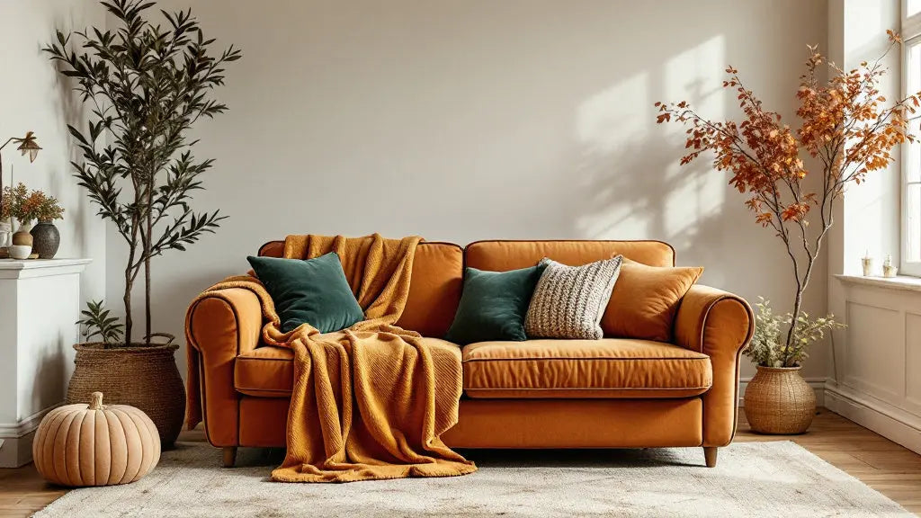 Housse de canapé tendance 2026 en velours côtelé terracotta dans un salon cocooning