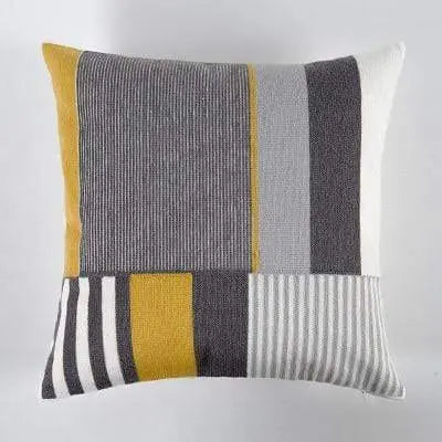 Housse de coussin brodée jaune gris blanc géométrique - Housse De France