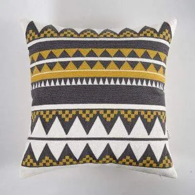 Housse de coussin brodée jaune gris blanc géométrique - Housse De France