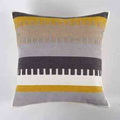 Housse de coussin brodée jaune gris blanc géométrique - Housse De France