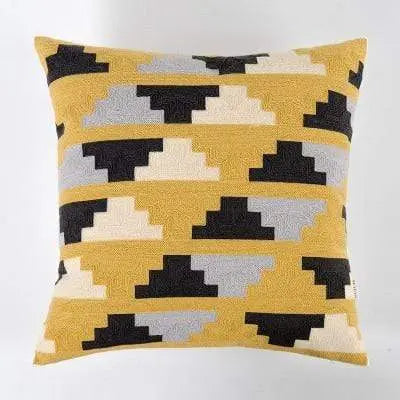 Housse de coussin brodée jaune gris blanc géométrique - Housse De France