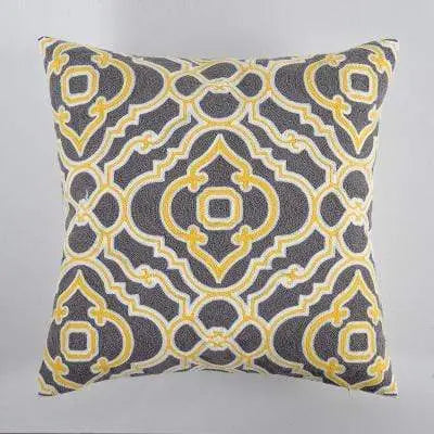 Housse de coussin brodée jaune gris blanc géométrique - Housse De France