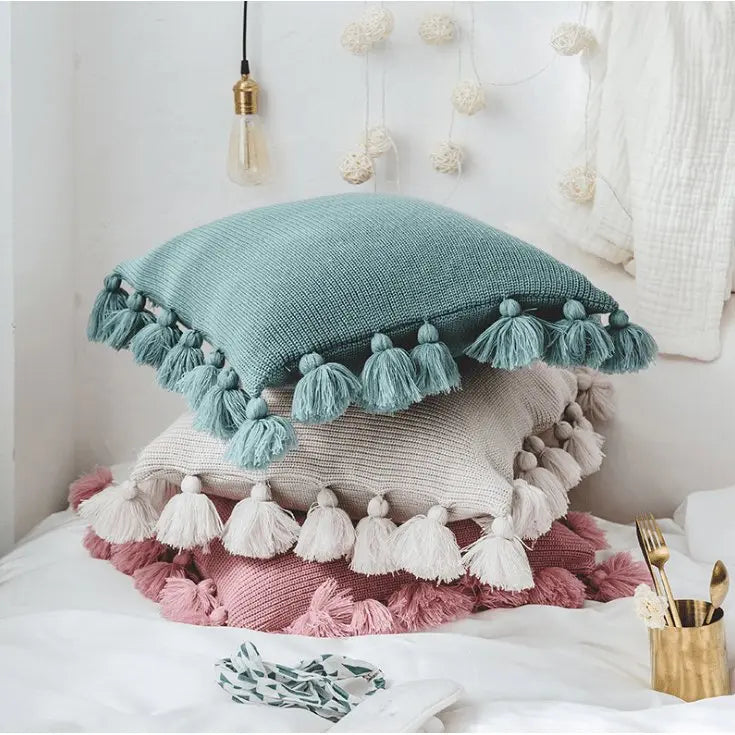 Housse de coussin tricotée bohème avec franges - Housse De France