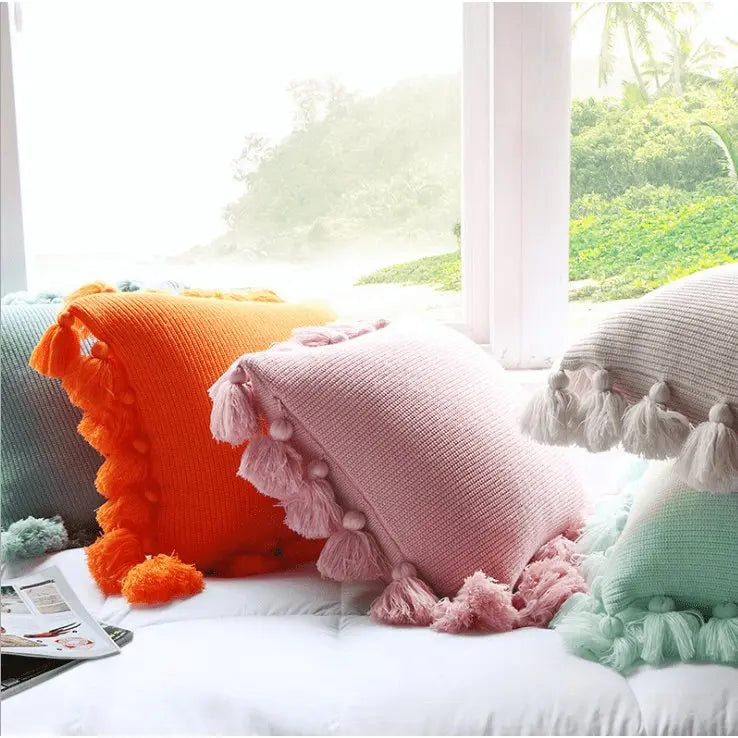 Housse de coussin tricotée bohème avec franges - Housse De France