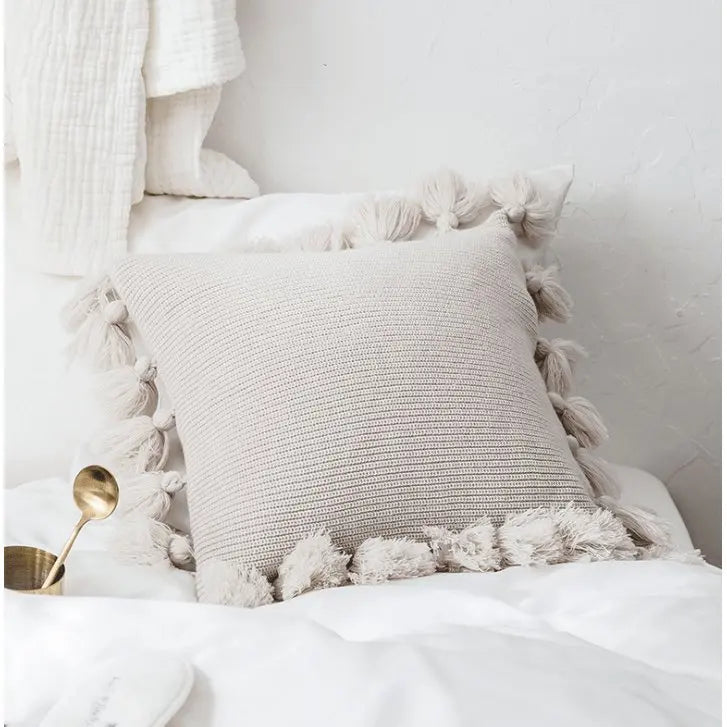 Housse de coussin tricotée bohème avec franges - Housse De France