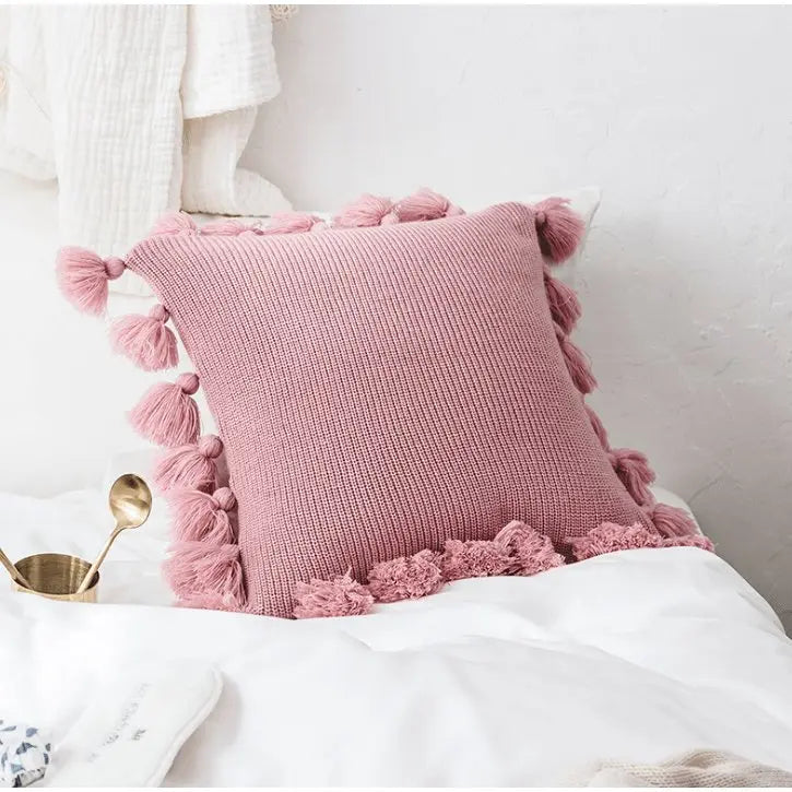 Housse de coussin tricotée bohème avec franges - Housse De France