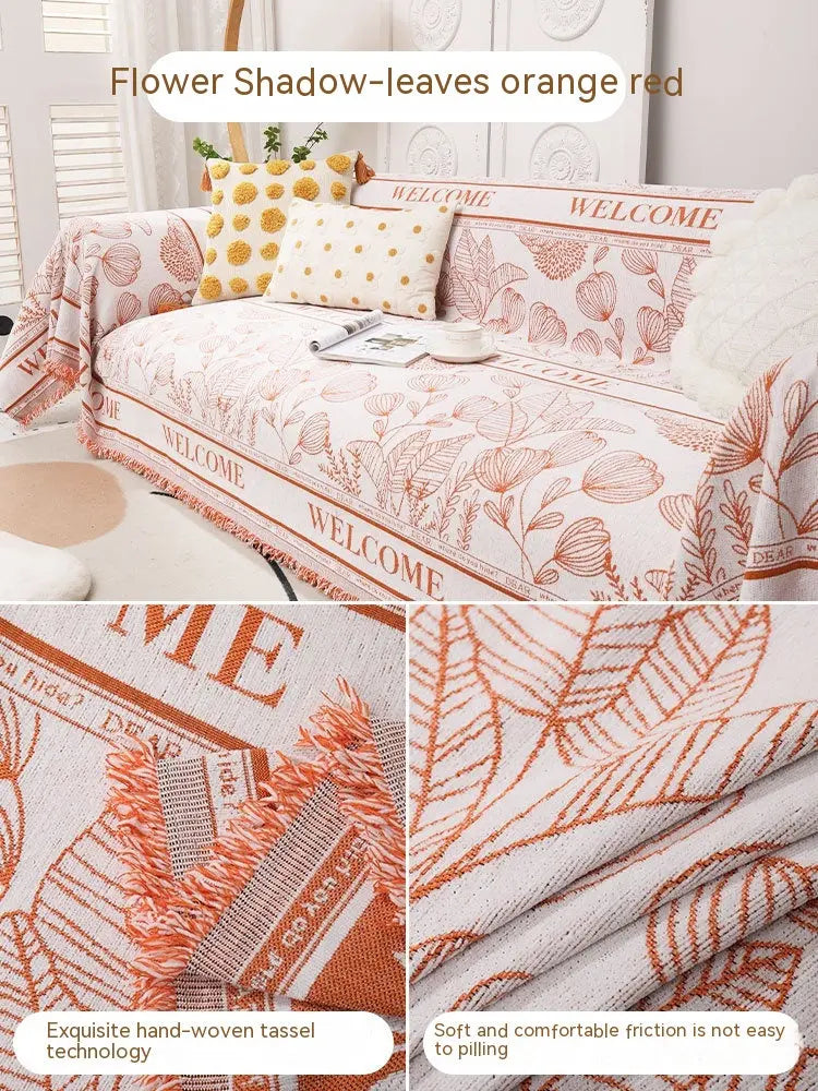 Plaid Canapé Chenille Floral **CHENOVA** Leaves Orange Red-180X320cm