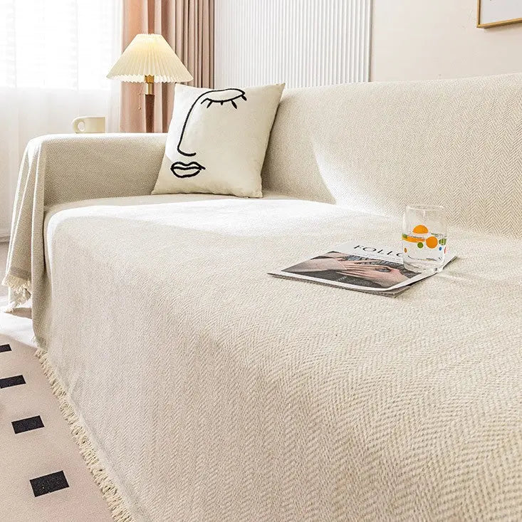 Plaid Canapé Imperméable Chenille ANTELI Herringbone Beige-90x90cm