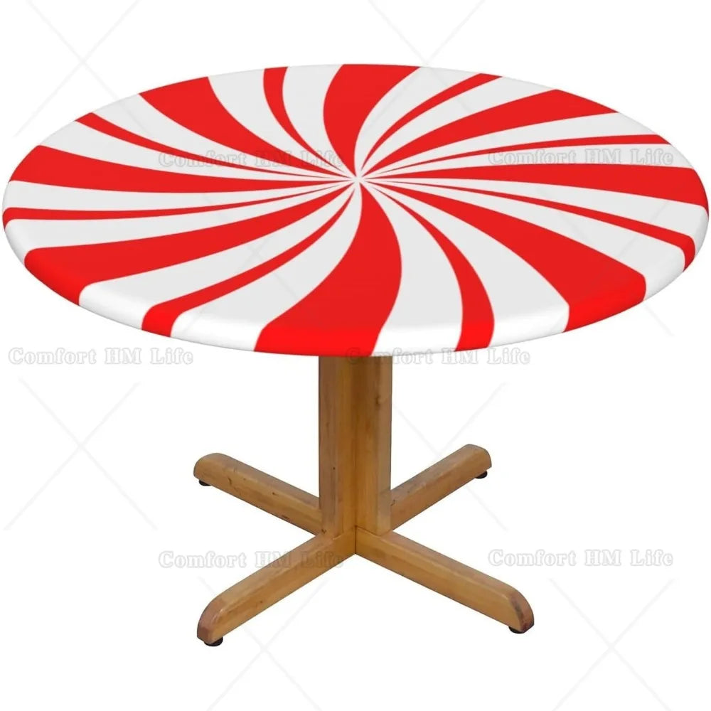 Nappe artificiel astique Ronde de Noël Rouge et Blanc, Menthe Poivrée, Bord Ajusté, Juste de Table, Convient à la Table, 40 "-44", Petit Diamètre Housse de France