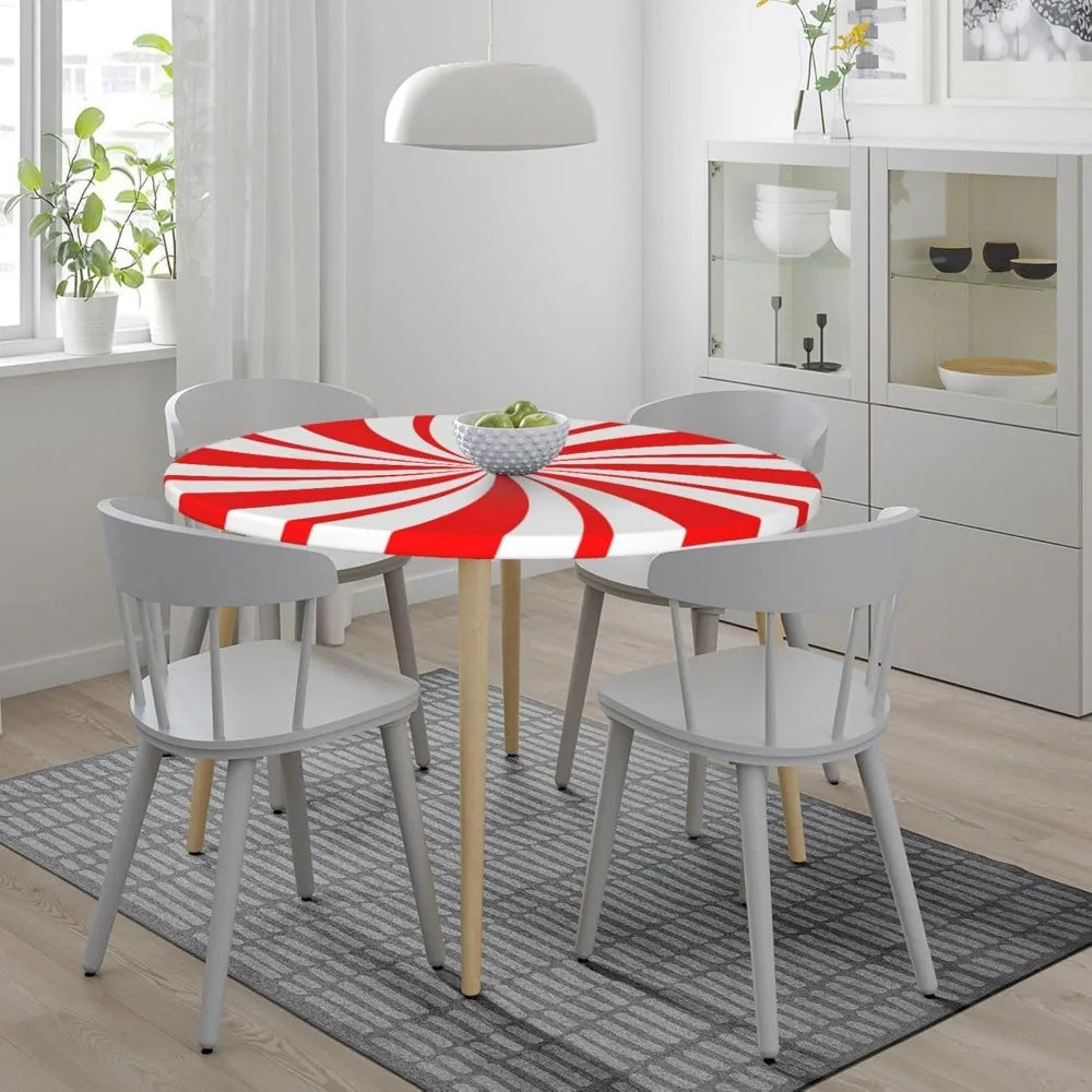 Nappe artificiel astique Ronde de Noël Rouge et Blanc, Menthe Poivrée, Bord Ajusté, Juste de Table, Convient à la Table, 40 "-44", Petit Diamètre Housse de France
