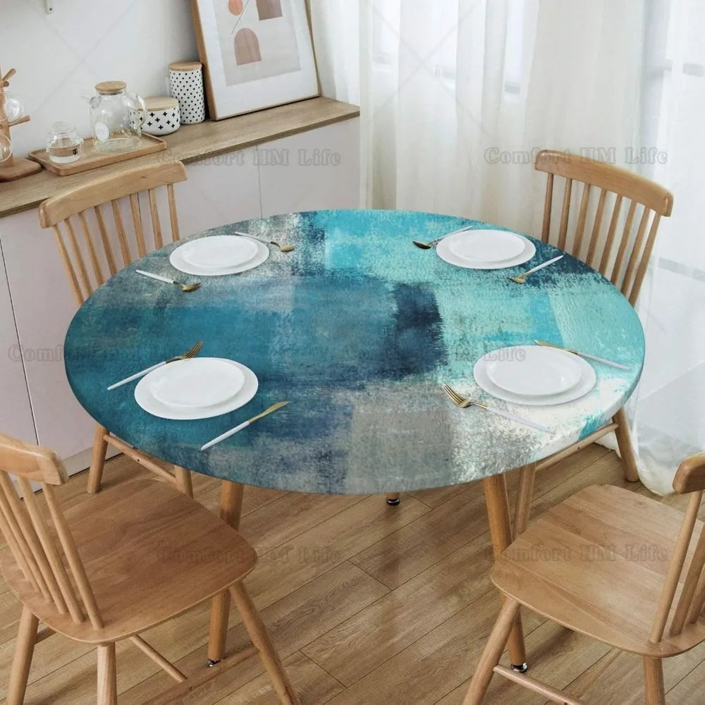 Nappe élastique ronde turquoise et grise, art abstrait, bord ajusté, housse de table adaptée à la table, 40 "-44" de diamètre Housse de France