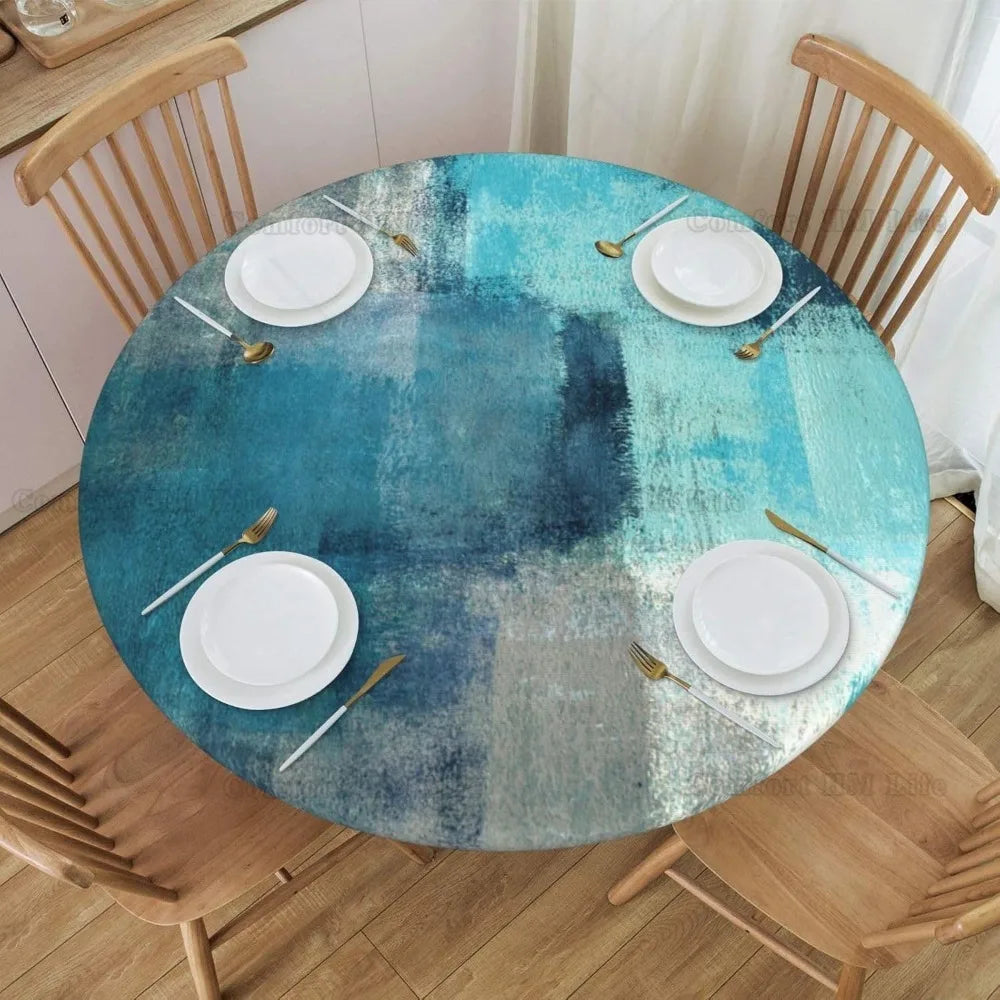 Nappe élastique ronde turquoise et grise, art abstrait, bord ajusté, housse de table adaptée à la table, 40 "-44" de diamètre Housse de France
