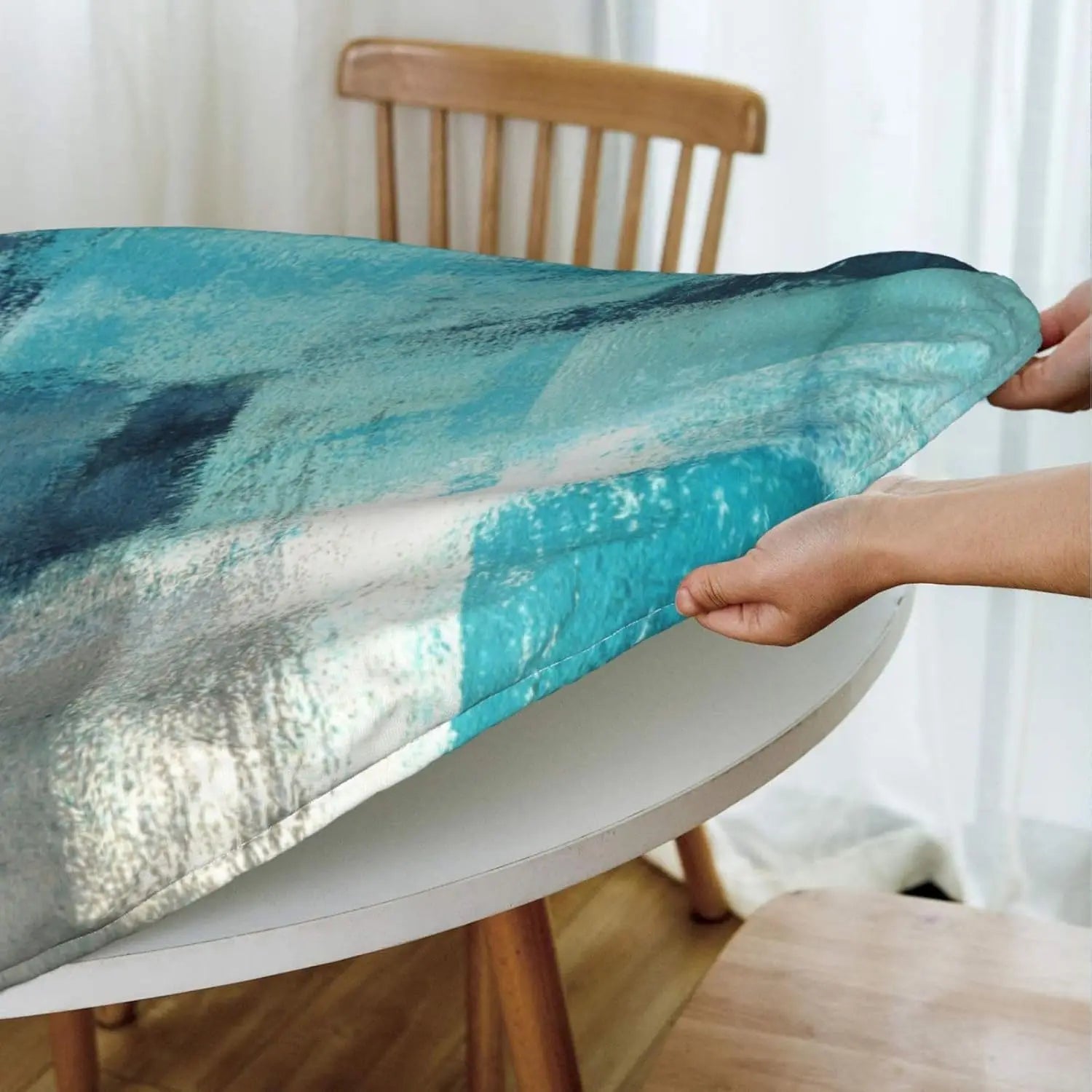 Nappe élastique ronde turquoise et grise, art abstrait, bord ajusté, housse de table adaptée à la table, 40 "-44" de diamètre Housse de France