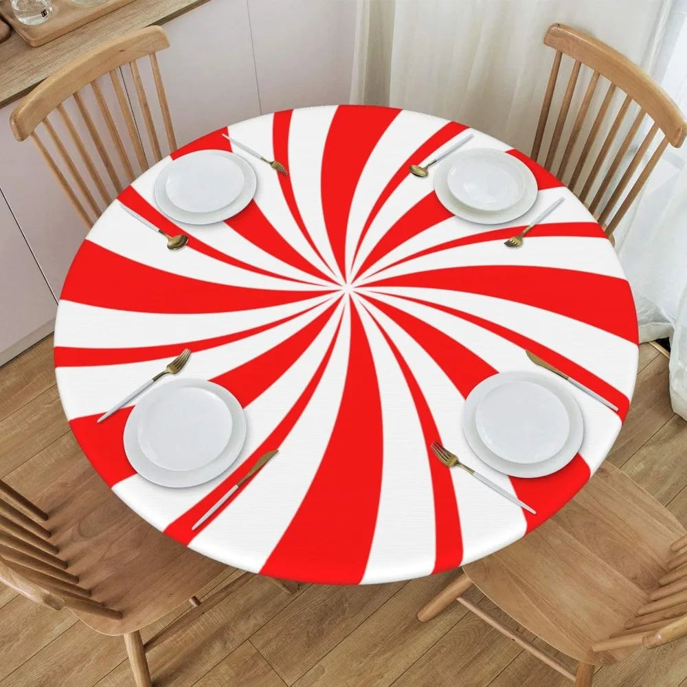 Nappe artificiel astique Ronde de Noël Rouge et Blanc, Menthe Poivrée, Bord Ajusté, Juste de Table, Convient à la Table, 40 "-44", Petit Diamètre Housse de France