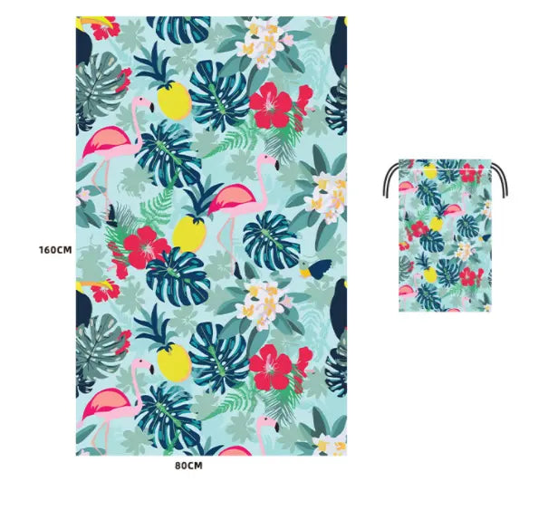Serviette Plage Microfibre VAIANO Flower blue flamingo-80x160cm printed storage bag