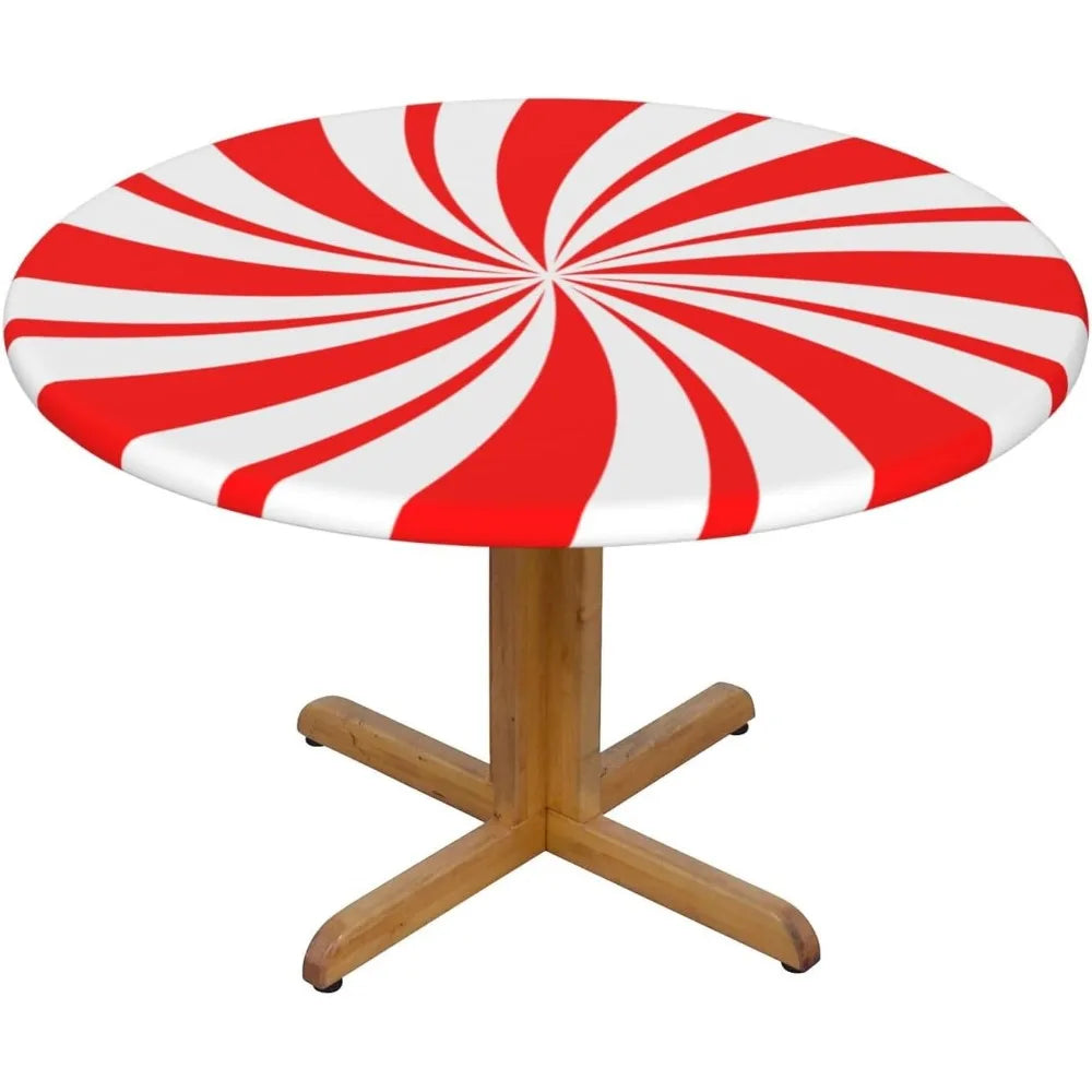 Nappe artificiel astique Ronde de Noël Rouge et Blanc, Menthe Poivrée, Bord Ajusté, Juste de Table, Convient à la Table, 40 "-44", Petit Diamètre Housse de France
