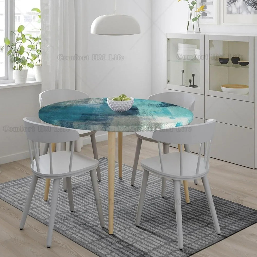 Nappe élastique ronde turquoise et grise, art abstrait, bord ajusté, housse de table adaptée à la table, 40 "-44" de diamètre Housse de France